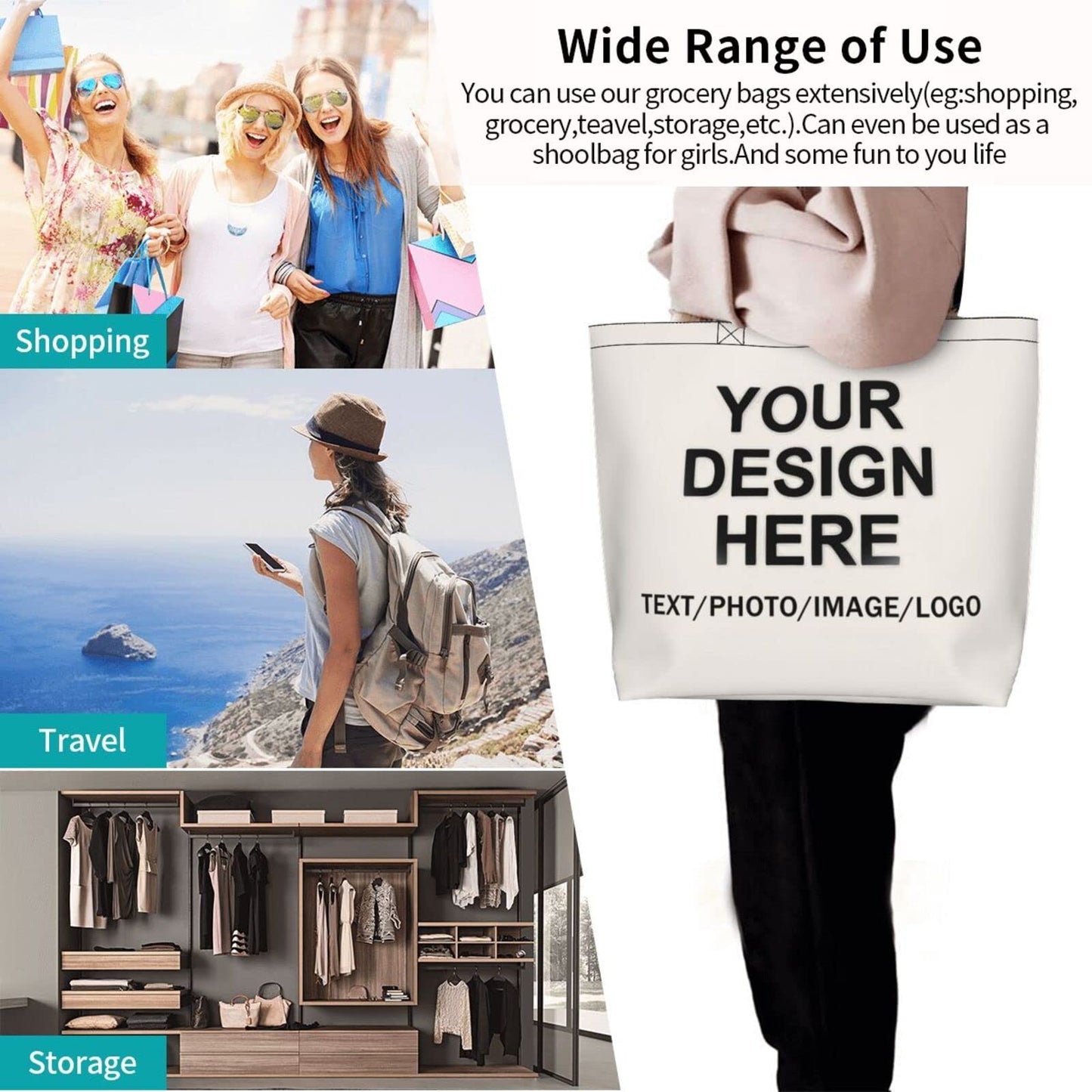 Custom Tote Bag Design Your Own Text/Photo/Logo Printed, Personalized Shoulder Handbag Large Capacity for Men/Women