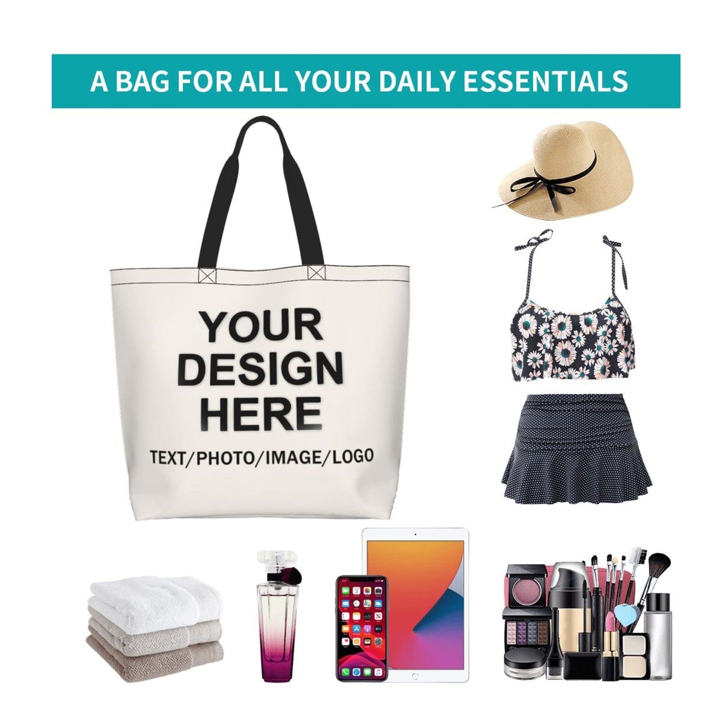 Custom Tote Bag Design Your Own Text/Photo/Logo Printed, Personalized Shoulder Handbag Large Capacity for Men/Women