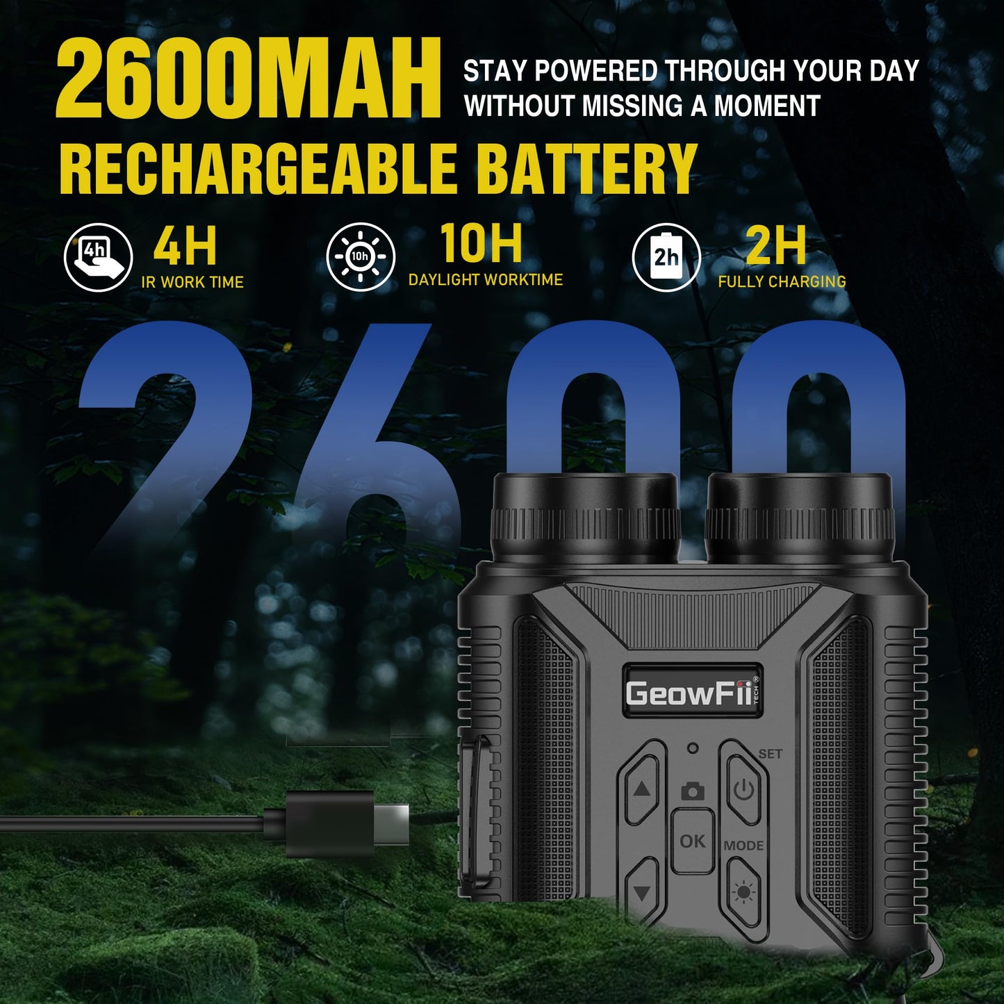 Complete Darkness Use —— Engineered for 100% blackout conditions, GeowFiiTech Night Vision Goggles feature 850nm IR illuminator + 7X adjustable IR levels. Spot animals at 300yds (984ft) through 24mm multi-coated lenses. Night owl mode activated