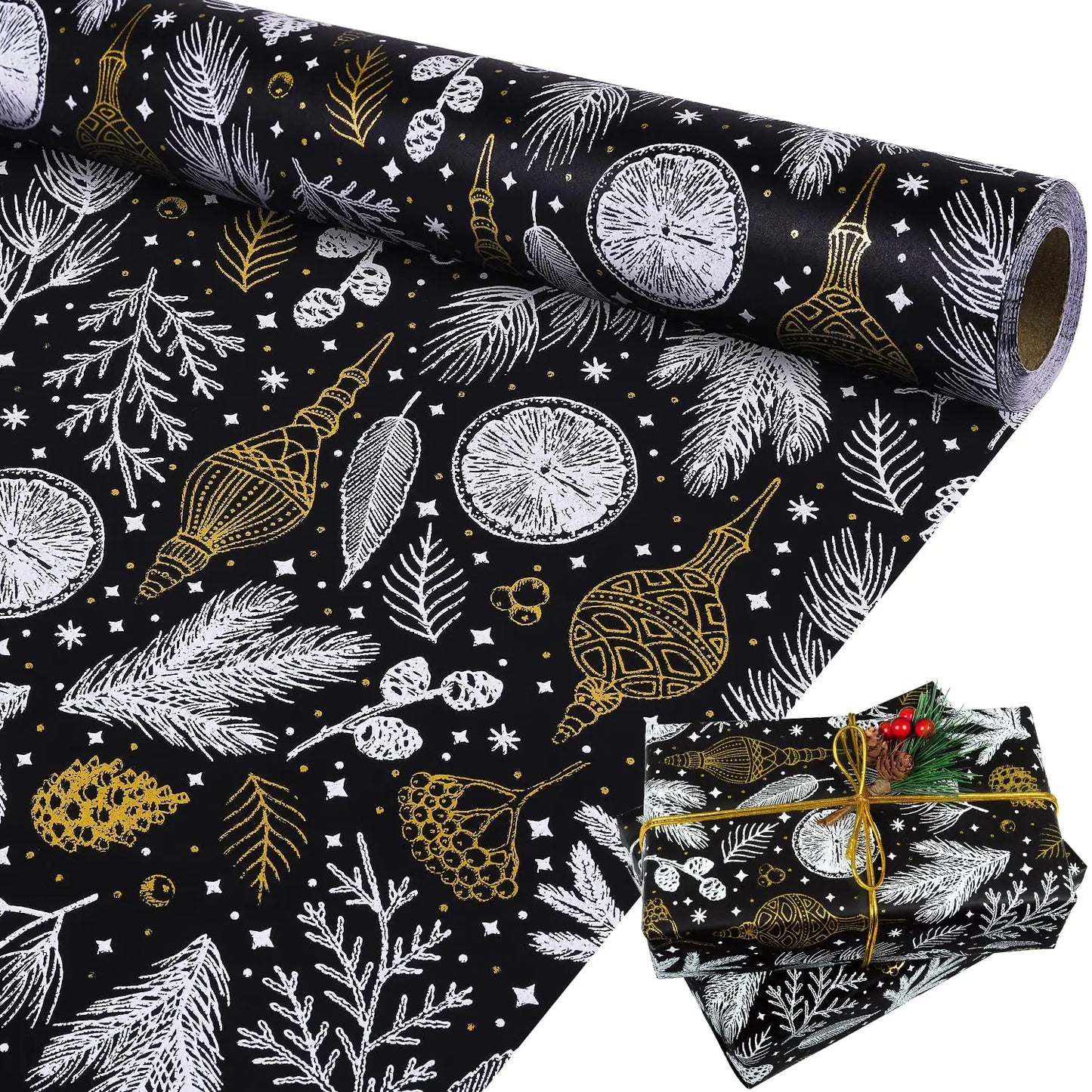 Christmas Wrapping Paper Black and Gold Foil Kraft Gift Wrapping Paper Roll Christmas Wrapping Paper Jumbo Roll Black and White Wrapping Paper for Christmas Winter Holiday Birthday 17Inch × 33Feet