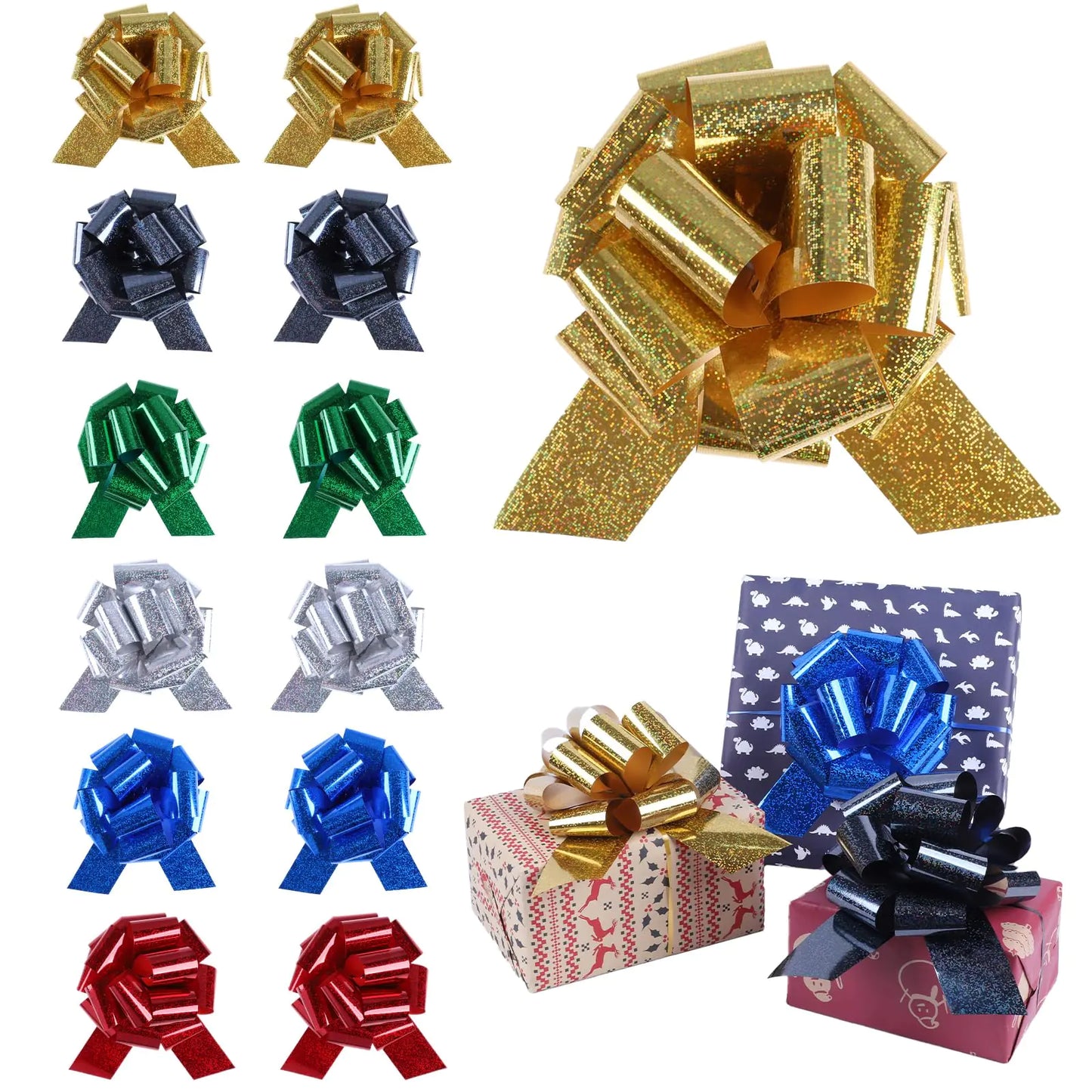 12 Pieces Pull Bow Big Gift Wrapping Bows 6 Inch Laser Gift Bows for Christmas Wedding Birthday Baby Shower Housewarming Anniversary Mothers Day Fathers Day