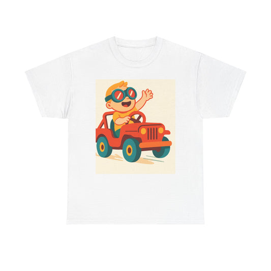 Kids Adventure Tee — Retro Boy Driving Jeep "Life Brings Goods" Graphic