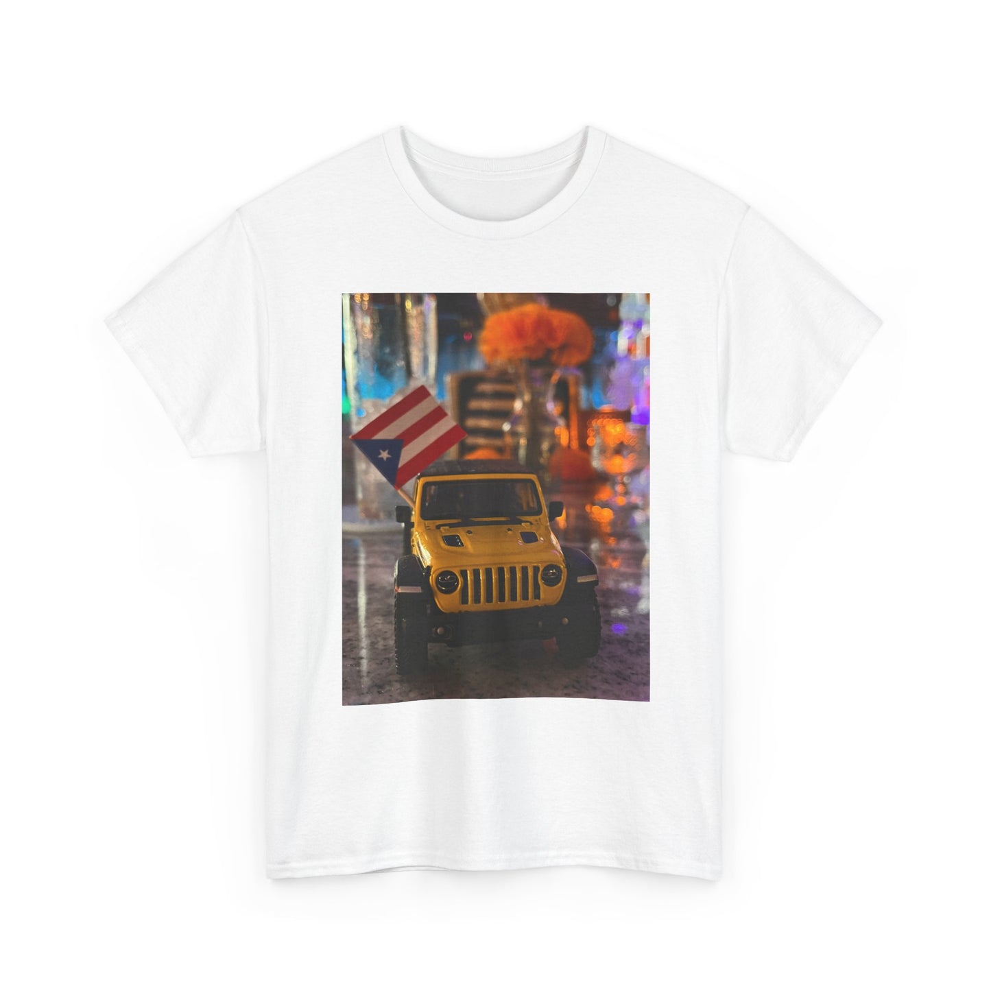 Jeep City Nights T‑Shirt – Yellow Jeep with American Flag Photo Tee