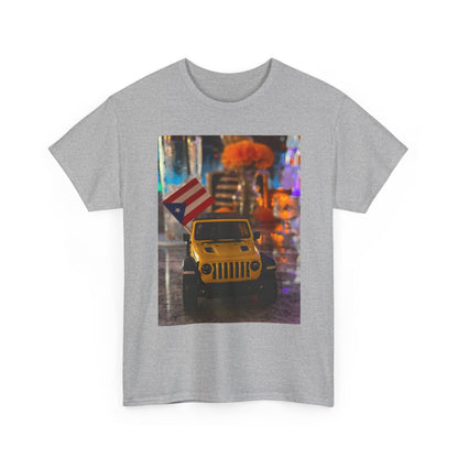 Jeep City Nights T‑Shirt – Yellow Jeep with American Flag Photo Tee
