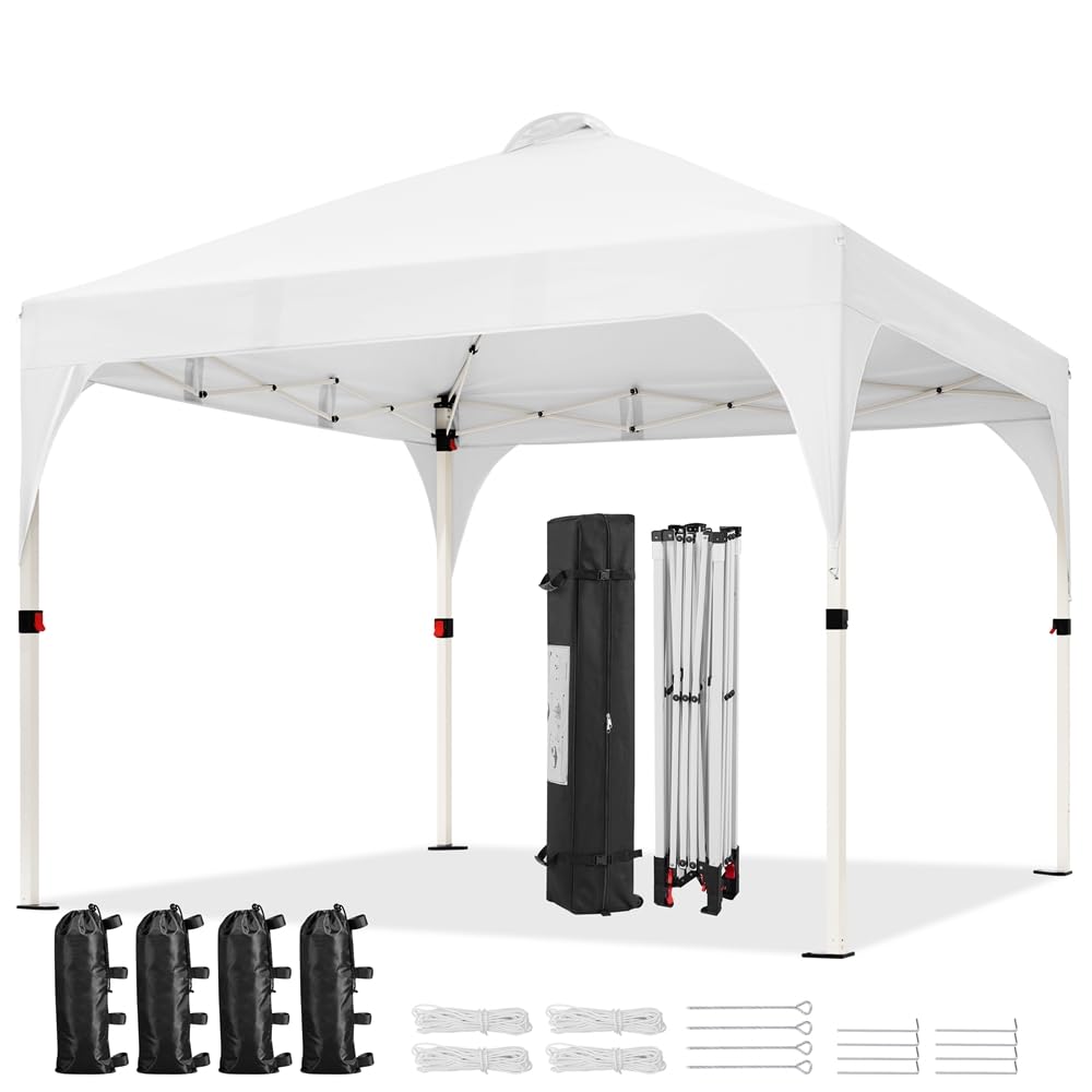 Yaheetech 10x10 Pop Up Canopy Tent with Vent, Easy Set Up Tent, Instant Sun Shelter Canopy with Wheeled Bag, 4 Sandbags, 12 Stakes & 4 Ropes, for Parties, Beach, Outdoor, White