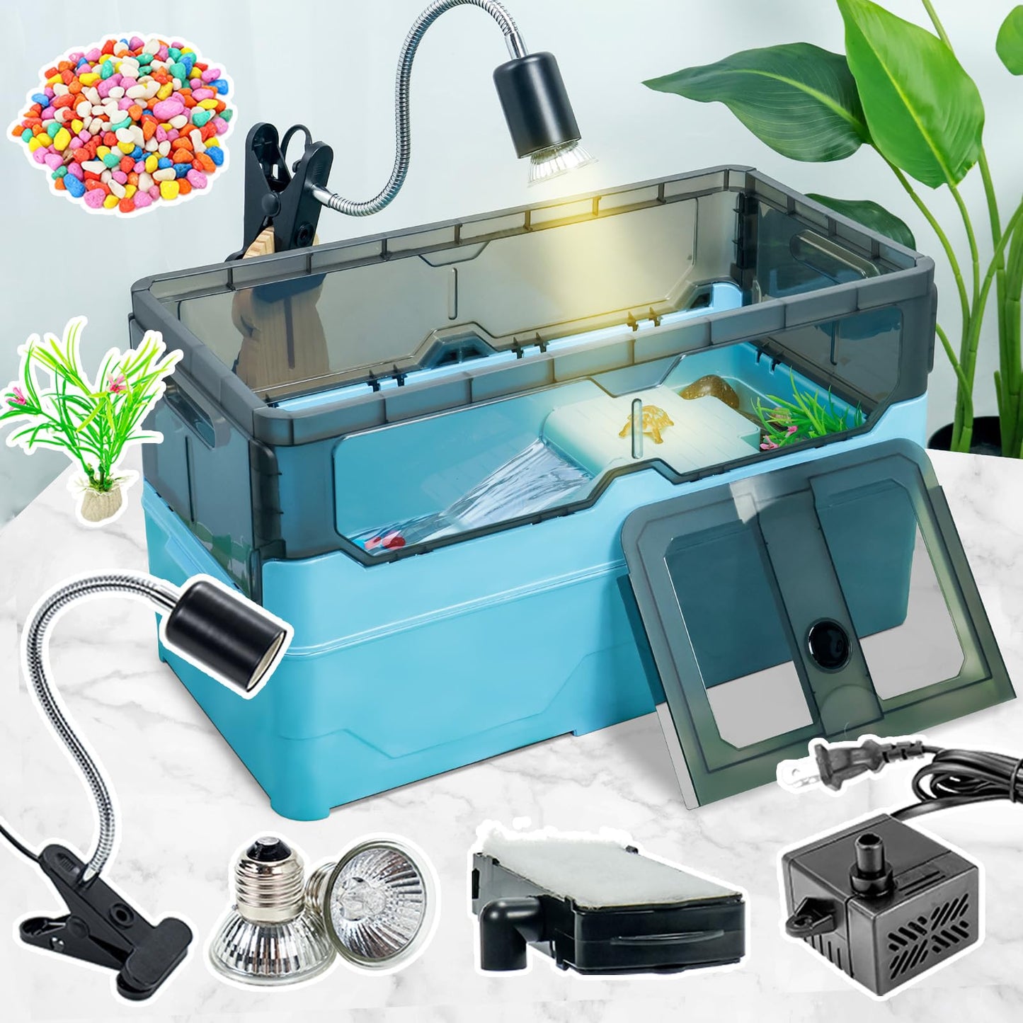 Turtle Tank kit with Filter+Water Pump+Heat lamp, Wheels, Easy to Move, Imitate The Natural Flows, Suitable for Small Turtle Horned Frog Hermit (XL, Blue)