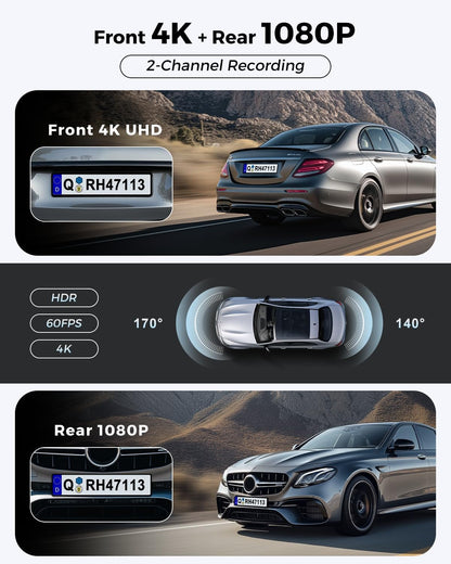 Dash Cam Front and Rear: 4K+1080P FHD Dual Dash Camera for Cars with Night Vision, 2 Channel HDR Dash Camera, 24H Parking Mode Car Camera, Built-in GPS, WiFi 6, Free 64GB Card