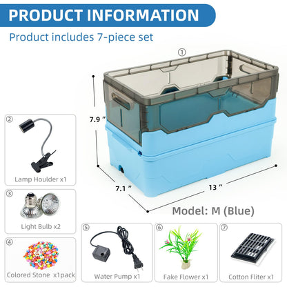 Turtle Tank kit with Filter+Water Pump+Heat lamp, Wheels, Easy to Move, Imitate The Natural Flows, Suitable for Small Turtle Horned Frog Hermit (XL, Blue)
