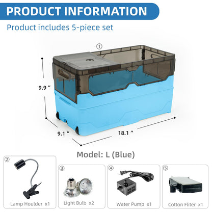 Turtle Tank kit with Filter+Water Pump+Heat lamp, Wheels, Easy to Move, Imitate The Natural Flows, Suitable for Small Turtle Horned Frog Hermit (XL, Blue)