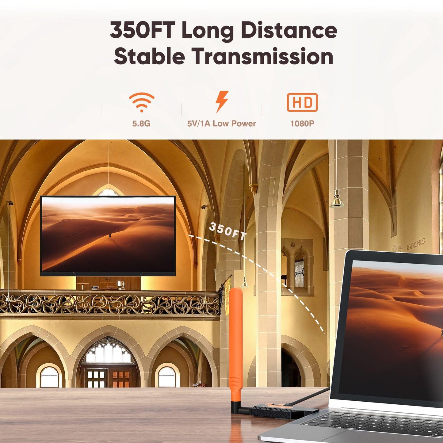 Wireless HDMI Transmitter and Receiver, Long Range 150M/450Ft, 1080P HD Streaming, Plug & Play HDMI Extender for TV, Projector, Laptop, Gaming Console, Ideal for Home, Office, Classroom Use