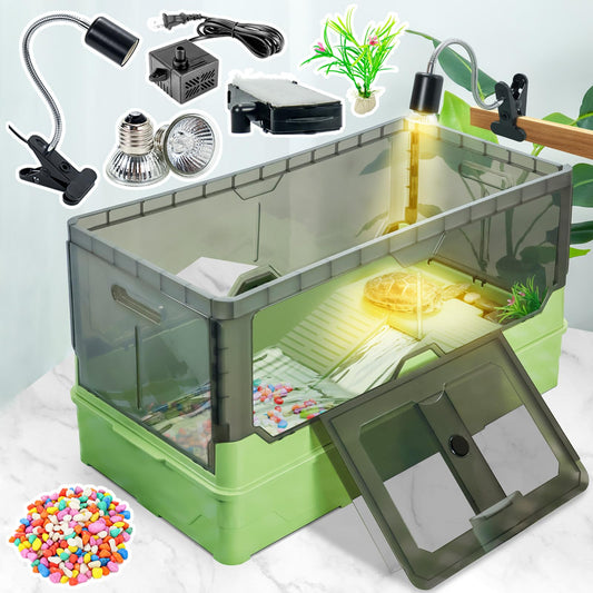 Turtle Tank kit with Filter+Water Pump+Heat lamp, Wheels, Easy to Move, Imitate The Natural Flows, Suitable for Small Turtle Horned Frog Hermit (XL, Blue)