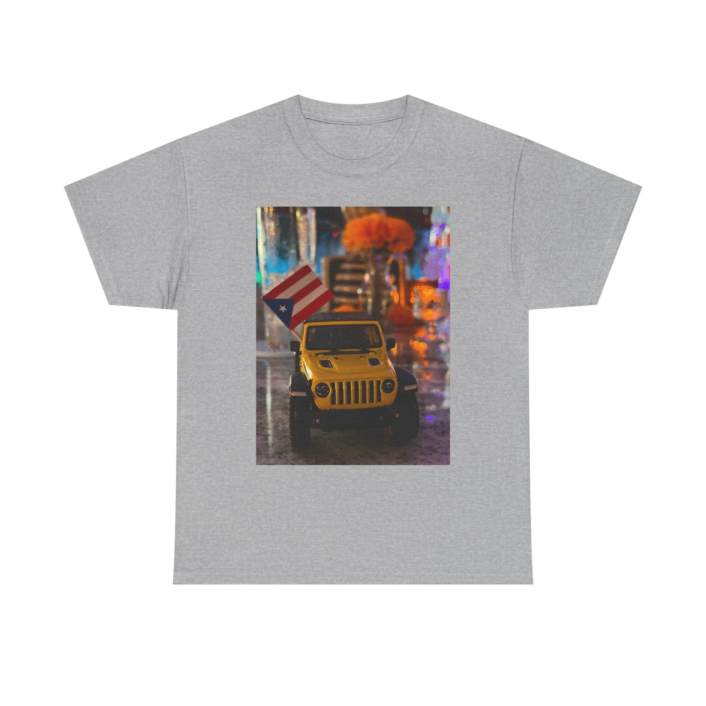 Jeep City Nights T‑Shirt – Yellow Jeep with American Flag Photo Tee