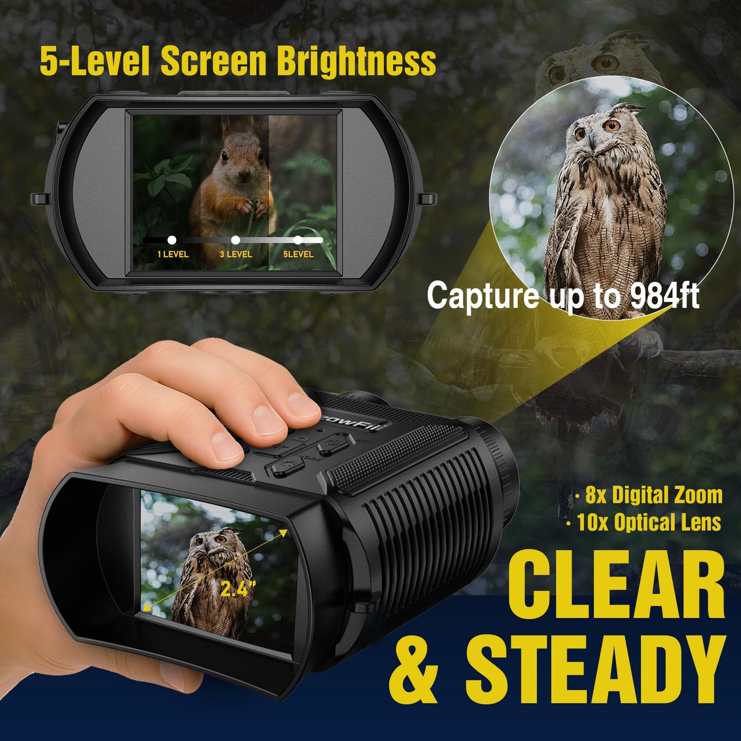 Complete Darkness Use —— Engineered for 100% blackout conditions, GeowFiiTech Night Vision Goggles feature 850nm IR illuminator + 7X adjustable IR levels. Spot animals at 300yds (984ft) through 24mm multi-coated lenses. Night owl mode activated