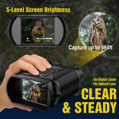 Complete Darkness Use —— Engineered for 100% blackout conditions, GeowFiiTech Night Vision Goggles feature 850nm IR illuminator + 7X adjustable IR levels. Spot animals at 300yds (984ft) through 24mm multi-coated lenses. Night owl mode activated
