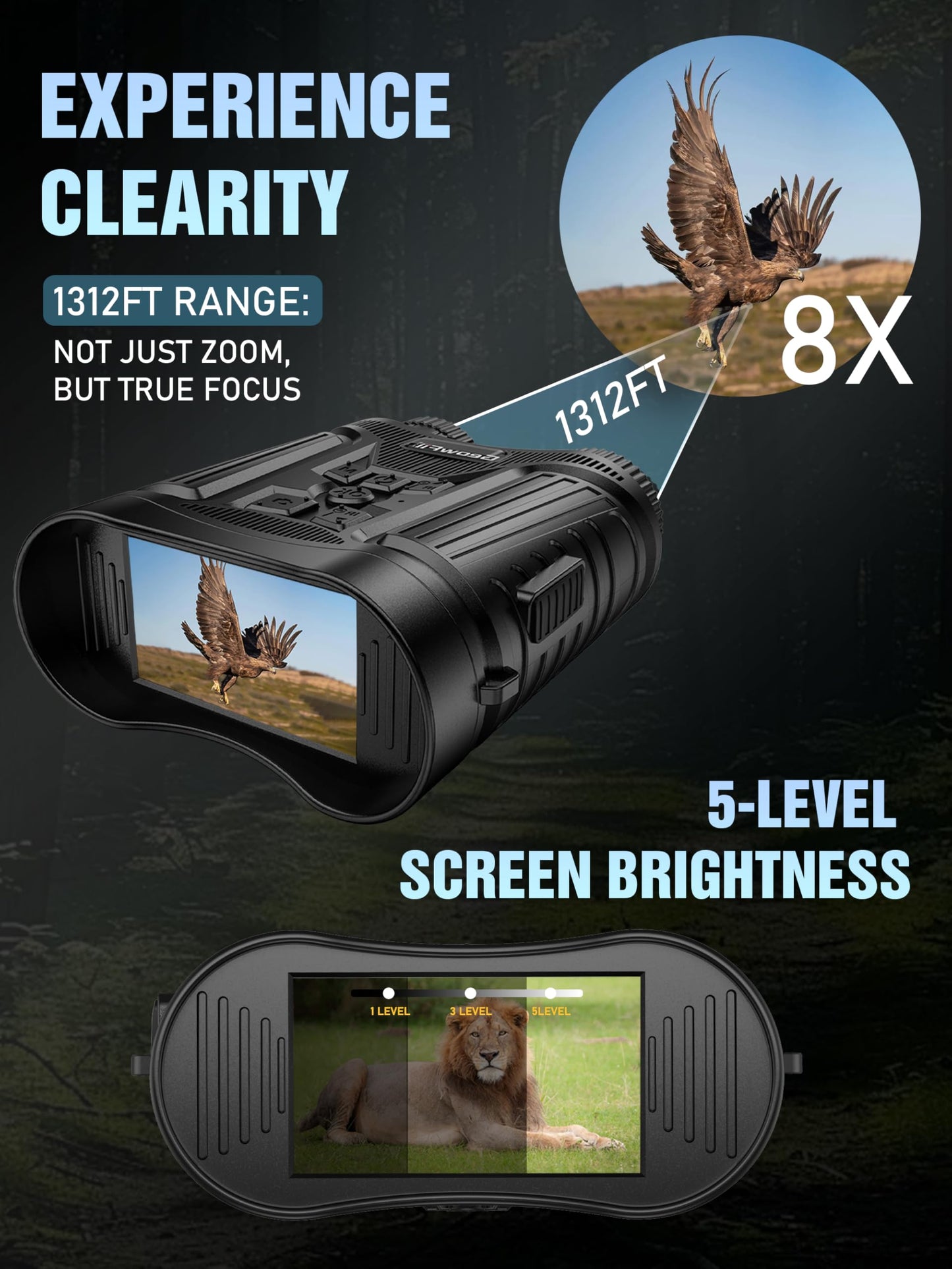 Complete Darkness Use —— Engineered for 100% blackout conditions, GeowFiiTech Night Vision Goggles feature 850nm IR illuminator + 7X adjustable IR levels. Spot animals at 300yds (984ft) through 24mm multi-coated lenses. Night owl mode activated