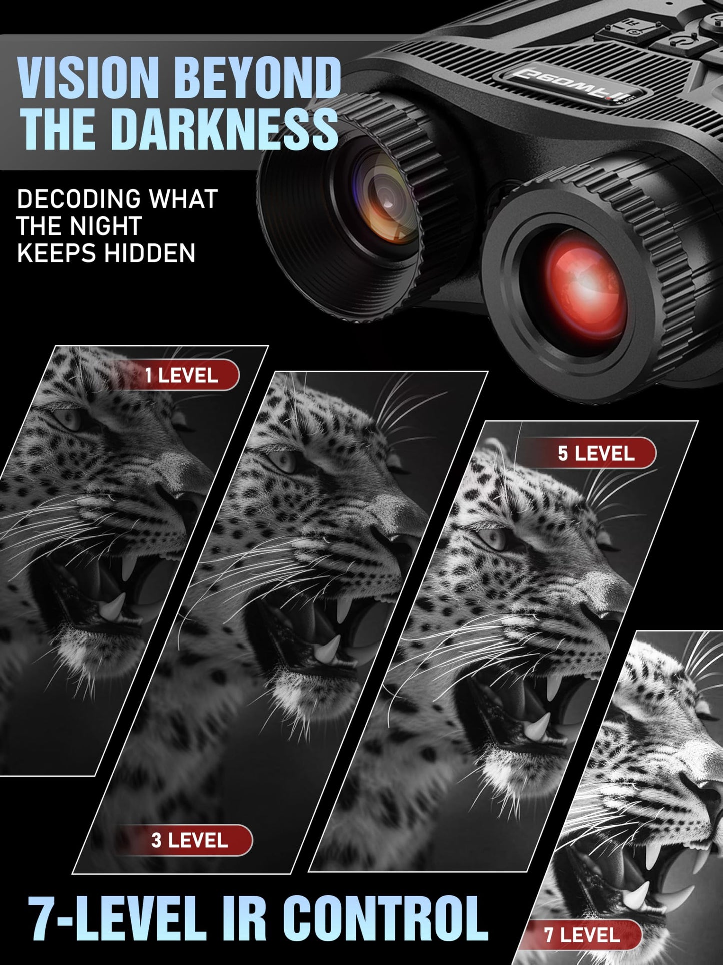 Complete Darkness Use —— Engineered for 100% blackout conditions, GeowFiiTech Night Vision Goggles feature 850nm IR illuminator + 7X adjustable IR levels. Spot animals at 300yds (984ft) through 24mm multi-coated lenses. Night owl mode activated