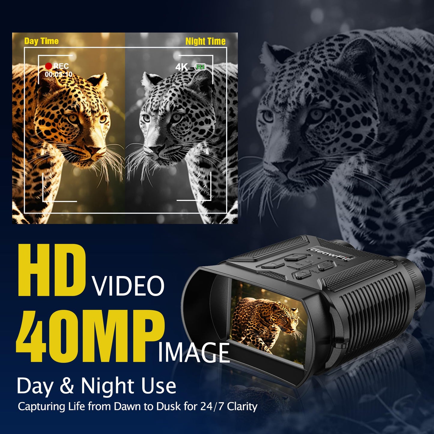 Complete Darkness Use —— Engineered for 100% blackout conditions, GeowFiiTech Night Vision Goggles feature 850nm IR illuminator + 7X adjustable IR levels. Spot animals at 300yds (984ft) through 24mm multi-coated lenses. Night owl mode activated