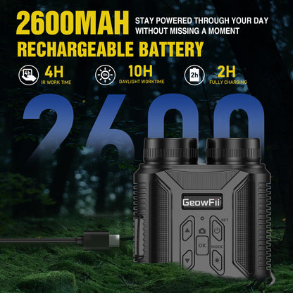 Complete Darkness Use —— Engineered for 100% blackout conditions, GeowFiiTech Night Vision Goggles feature 850nm IR illuminator + 7X adjustable IR levels. Spot animals at 300yds (984ft) through 24mm multi-coated lenses. Night owl mode activated