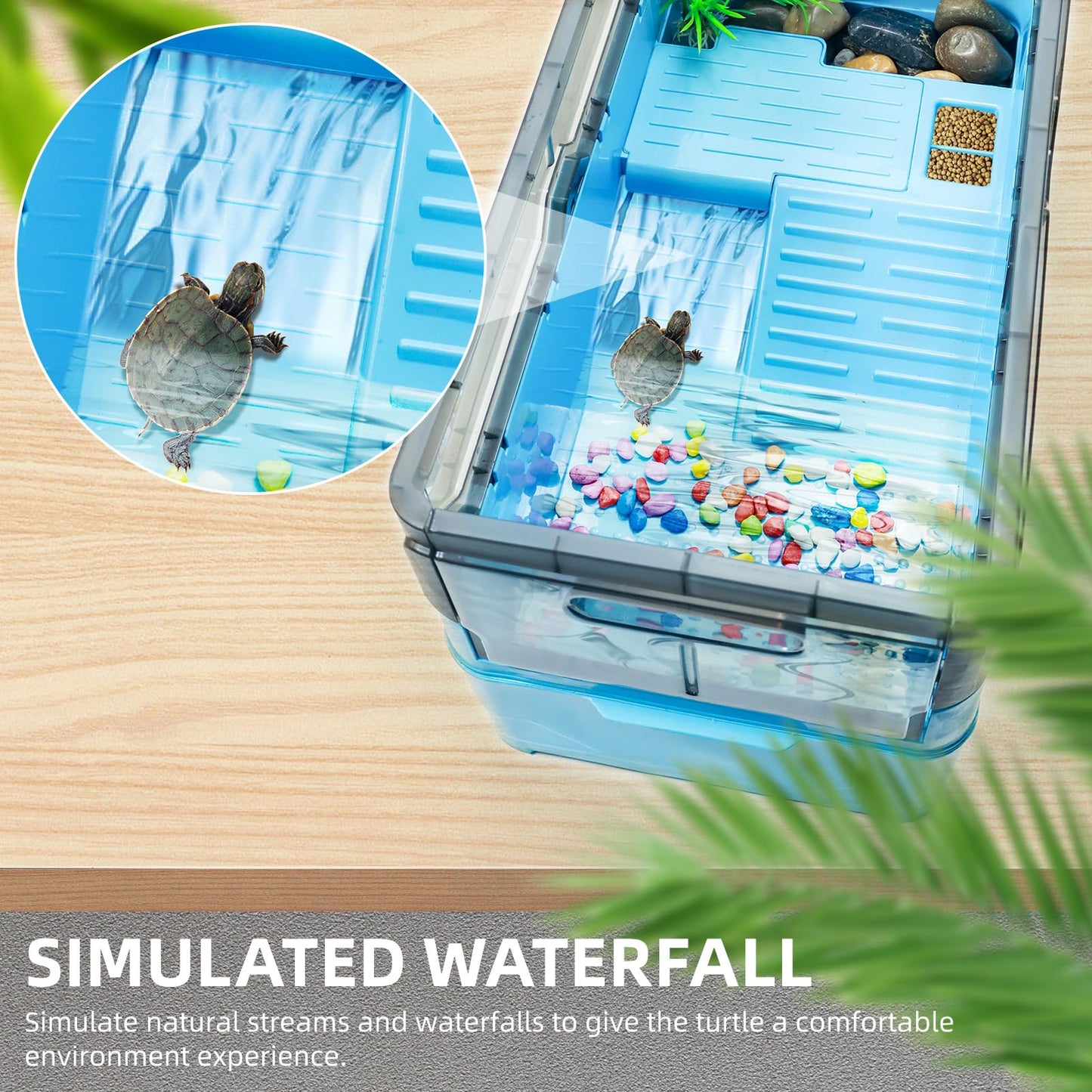 Turtle Tank kit with Filter+Water Pump+Heat lamp, Wheels, Easy to Move, Imitate The Natural Flows, Suitable for Small Turtle Horned Frog Hermit (XL, Blue)