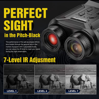 Complete Darkness Use —— Engineered for 100% blackout conditions, GeowFiiTech Night Vision Goggles feature 850nm IR illuminator + 7X adjustable IR levels. Spot animals at 300yds (984ft) through 24mm multi-coated lenses. Night owl mode activated