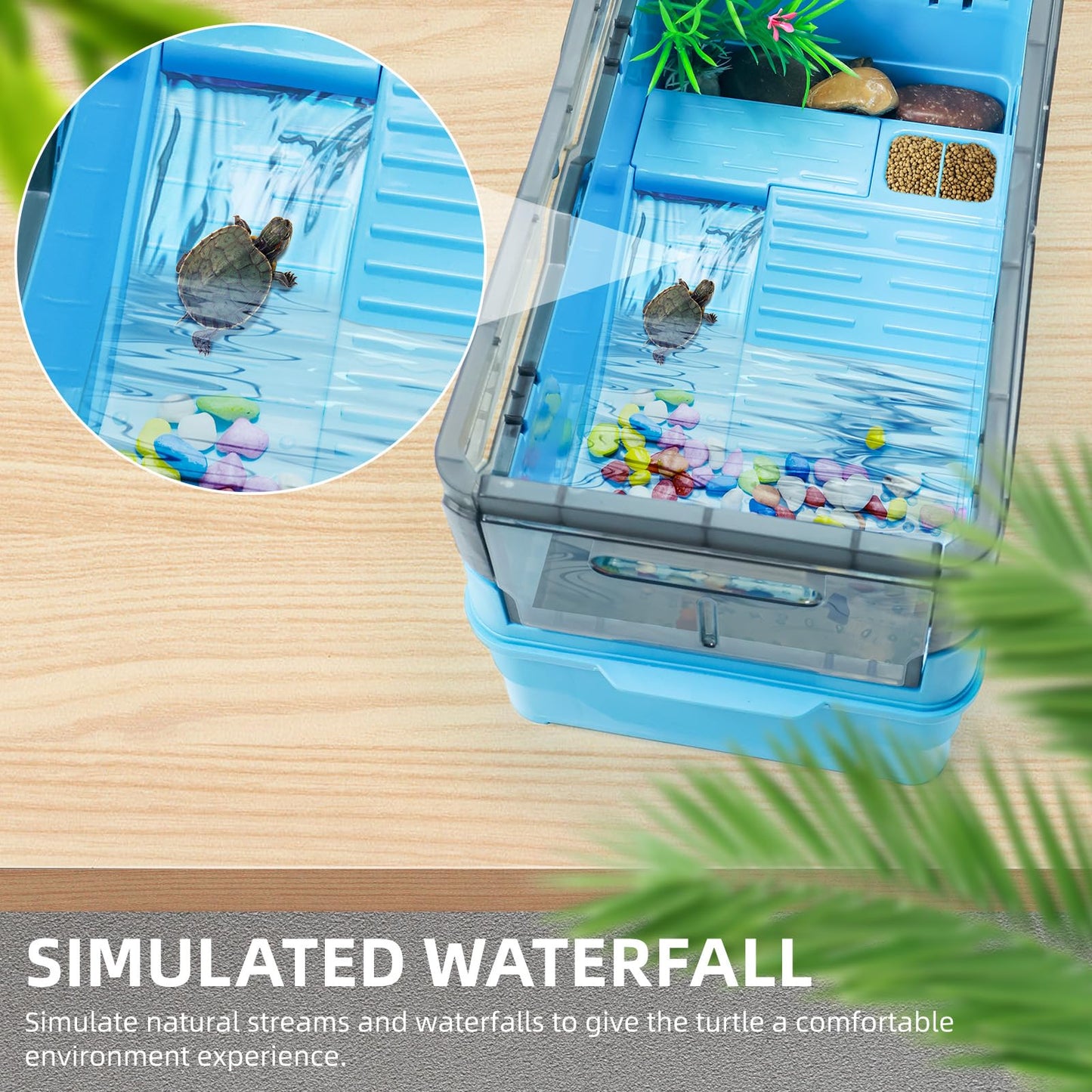 Turtle Tank kit with Filter+Water Pump+Heat lamp, Wheels, Easy to Move, Imitate The Natural Flows, Suitable for Small Turtle Horned Frog Hermit (XL, Blue)