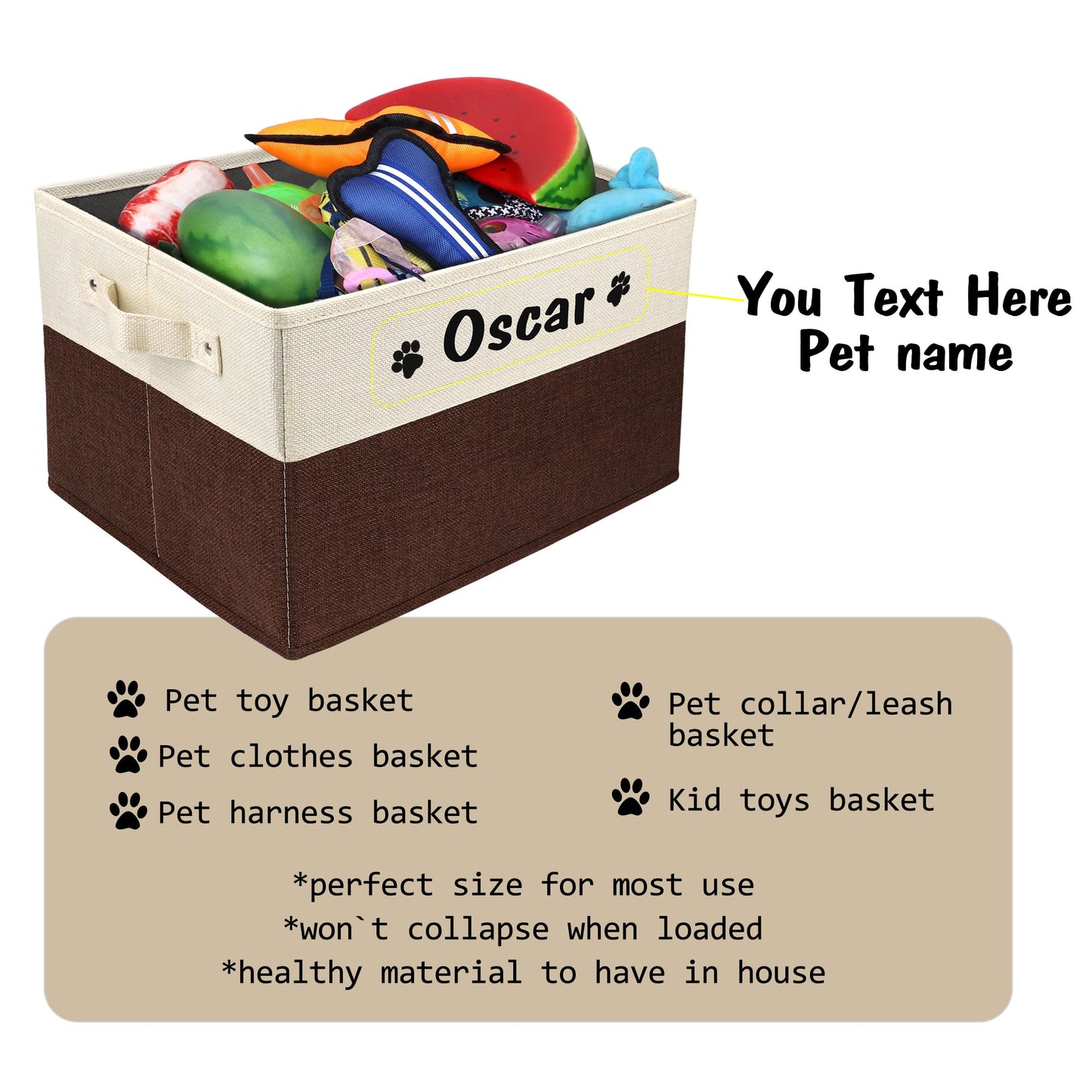 PET ARTIST Collapsible Dog Toy Storage Basket Bin with Personalized Pet's Name - Rectangular Box Chest Organizer for Clothing, Apparel & Accessories