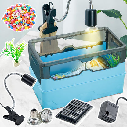 Turtle Tank kit with Filter+Water Pump+Heat lamp, Wheels, Easy to Move, Imitate The Natural Flows, Suitable for Small Turtle Horned Frog Hermit (XL, Blue)