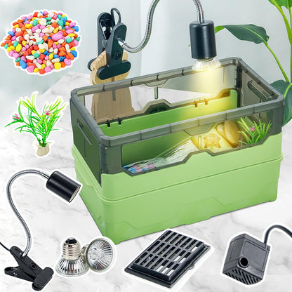 Turtle Tank kit with Filter+Water Pump+Heat lamp, Wheels, Easy to Move, Imitate The Natural Flows, Suitable for Small Turtle Horned Frog Hermit (XL, Blue)