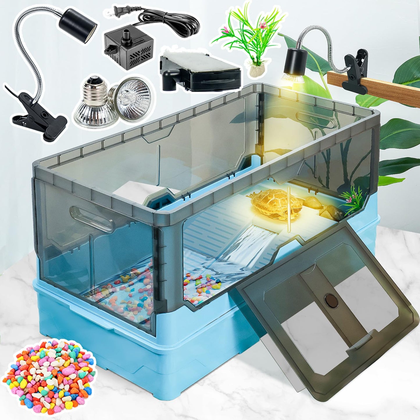 Turtle Tank kit with Filter+Water Pump+Heat lamp, Wheels, Easy to Move, Imitate The Natural Flows, Suitable for Small Turtle Horned Frog Hermit (XL, Blue)