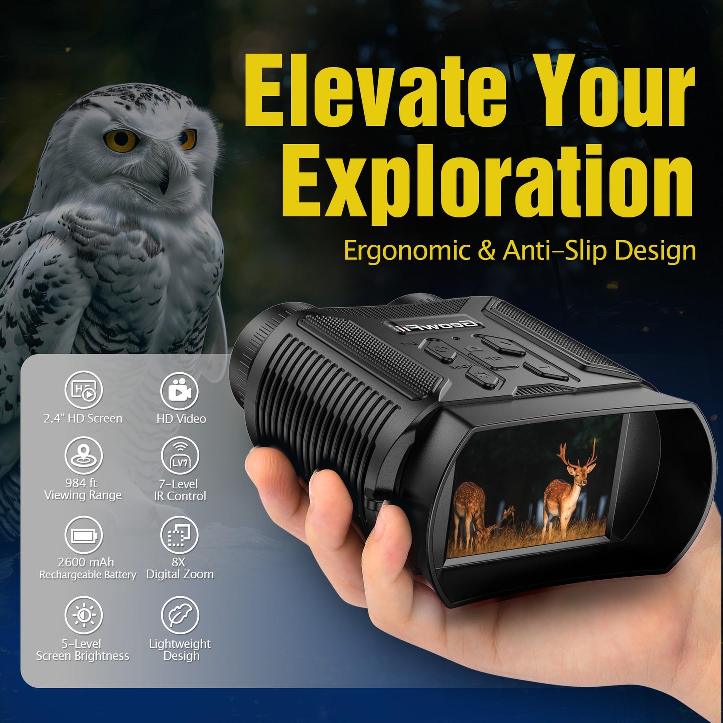 Complete Darkness Use —— Engineered for 100% blackout conditions, GeowFiiTech Night Vision Goggles feature 850nm IR illuminator + 7X adjustable IR levels. Spot animals at 300yds (984ft) through 24mm multi-coated lenses. Night owl mode activated