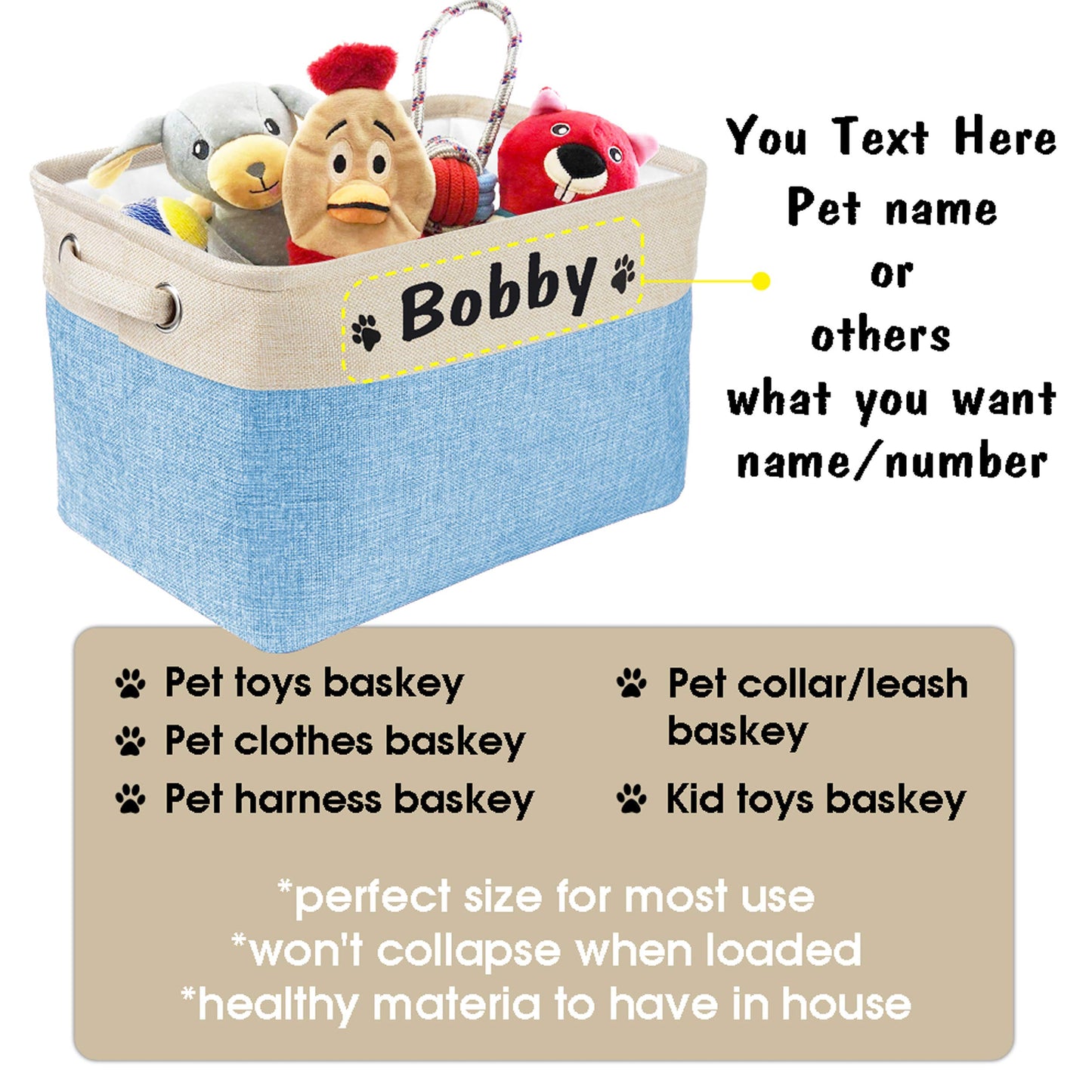 PET ARTIST Collapsible Dog Toy Storage Basket Bin with Personalized Pet's Name - Rectangular Box Chest Organizer for Clothing, Apparel & Accessories