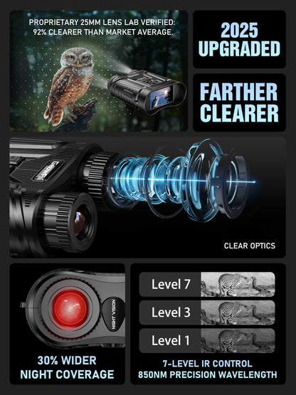 Complete Darkness Use —— Engineered for 100% blackout conditions, GeowFiiTech Night Vision Goggles feature 850nm IR illuminator + 7X adjustable IR levels. Spot animals at 300yds (984ft) through 24mm multi-coated lenses. Night owl mode activated
