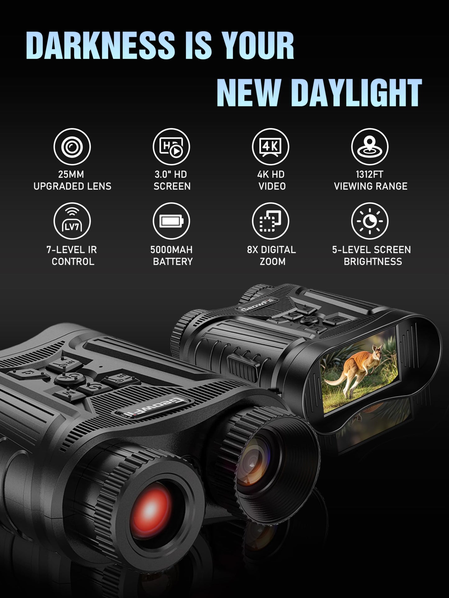 Complete Darkness Use —— Engineered for 100% blackout conditions, GeowFiiTech Night Vision Goggles feature 850nm IR illuminator + 7X adjustable IR levels. Spot animals at 300yds (984ft) through 24mm multi-coated lenses. Night owl mode activated