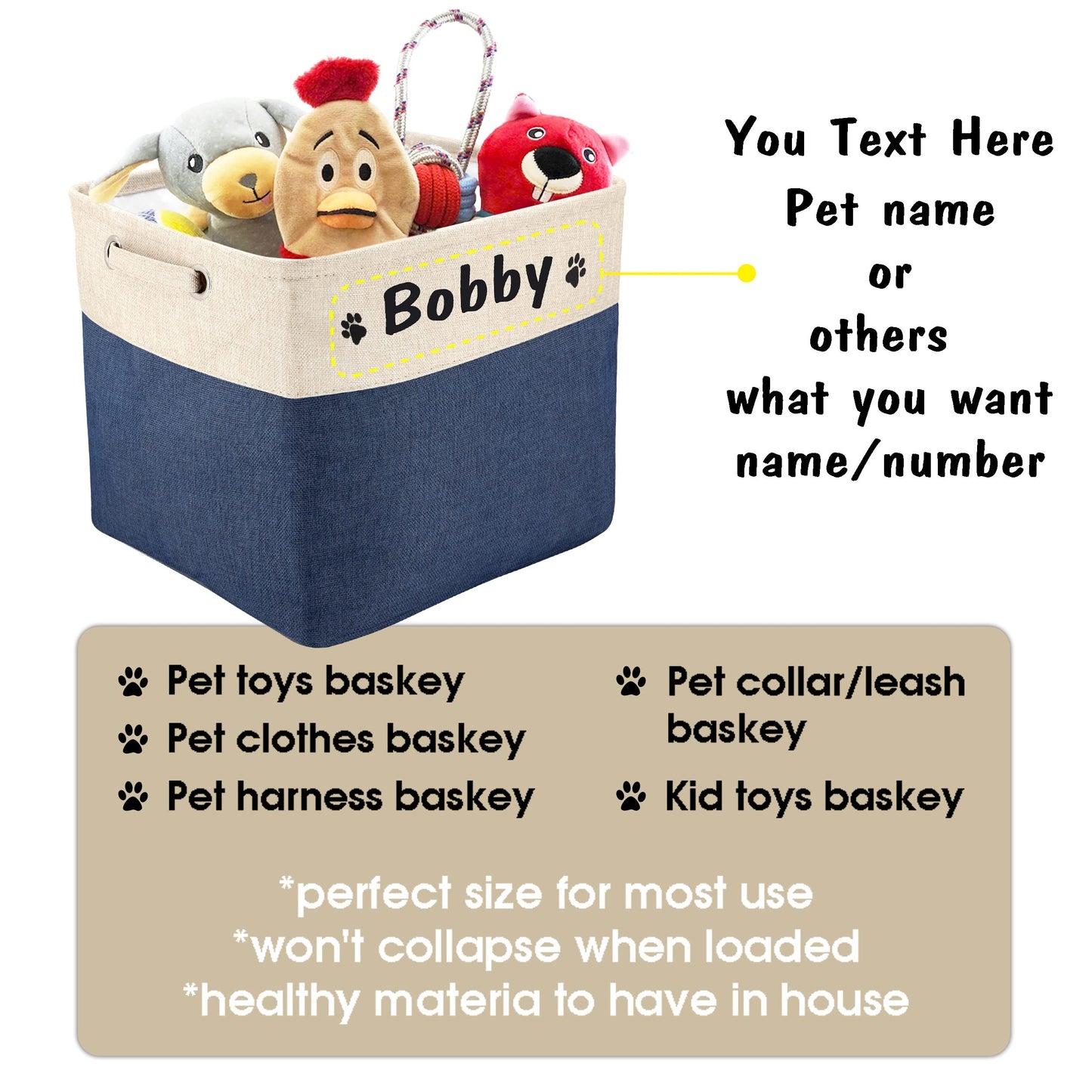 PET ARTIST Collapsible Dog Toy Storage Basket Bin with Personalized Pet's Name - Rectangular Box Chest Organizer for Clothing, Apparel & Accessories