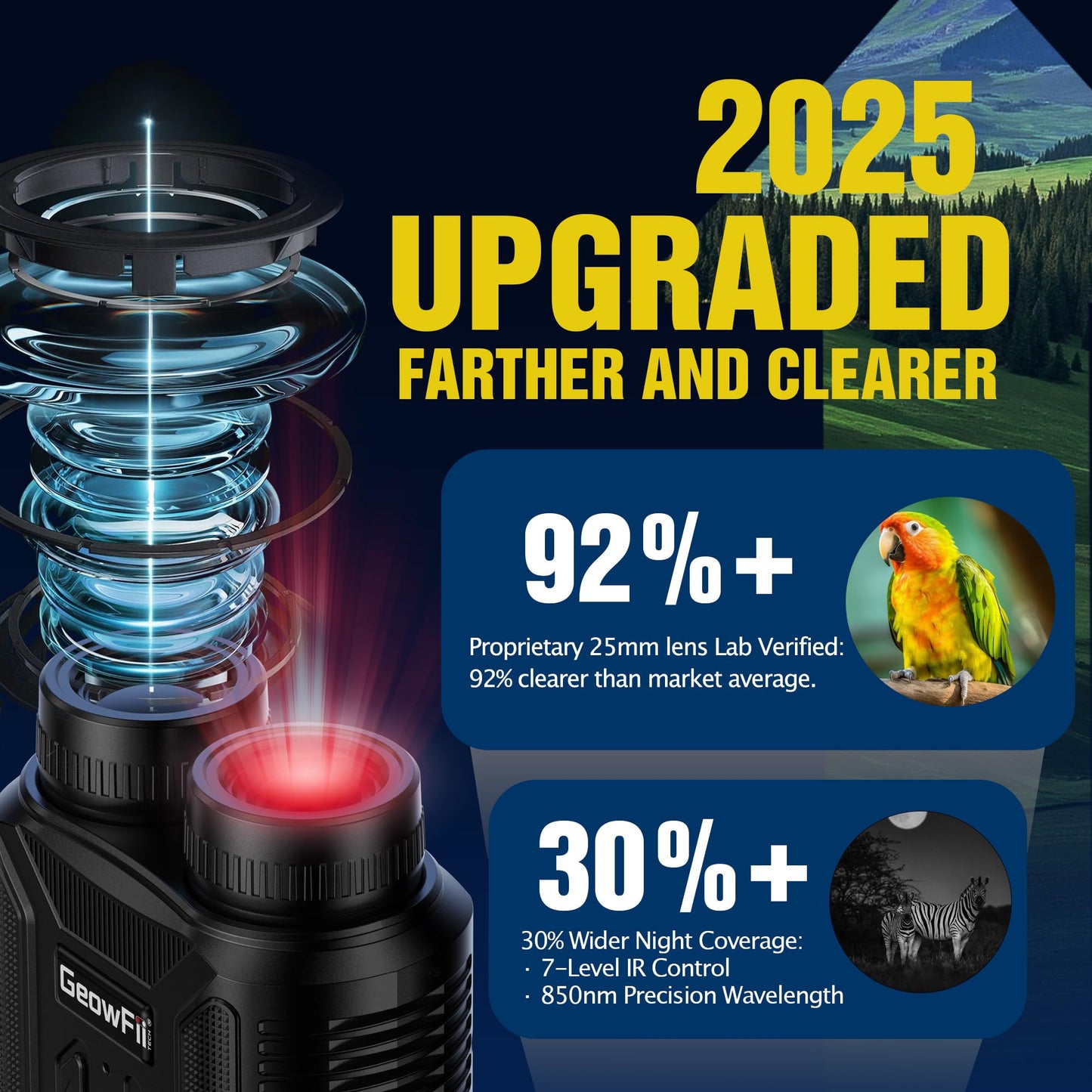 Complete Darkness Use —— Engineered for 100% blackout conditions, GeowFiiTech Night Vision Goggles feature 850nm IR illuminator + 7X adjustable IR levels. Spot animals at 300yds (984ft) through 24mm multi-coated lenses. Night owl mode activated