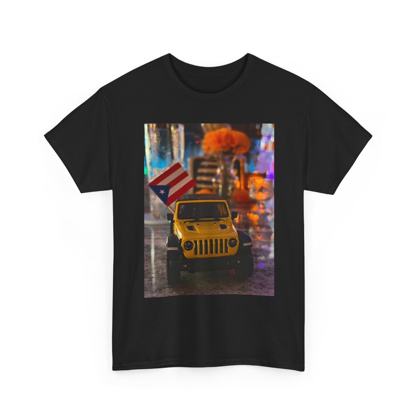 Jeep City Nights T‑Shirt – Yellow Jeep with American Flag Photo Tee