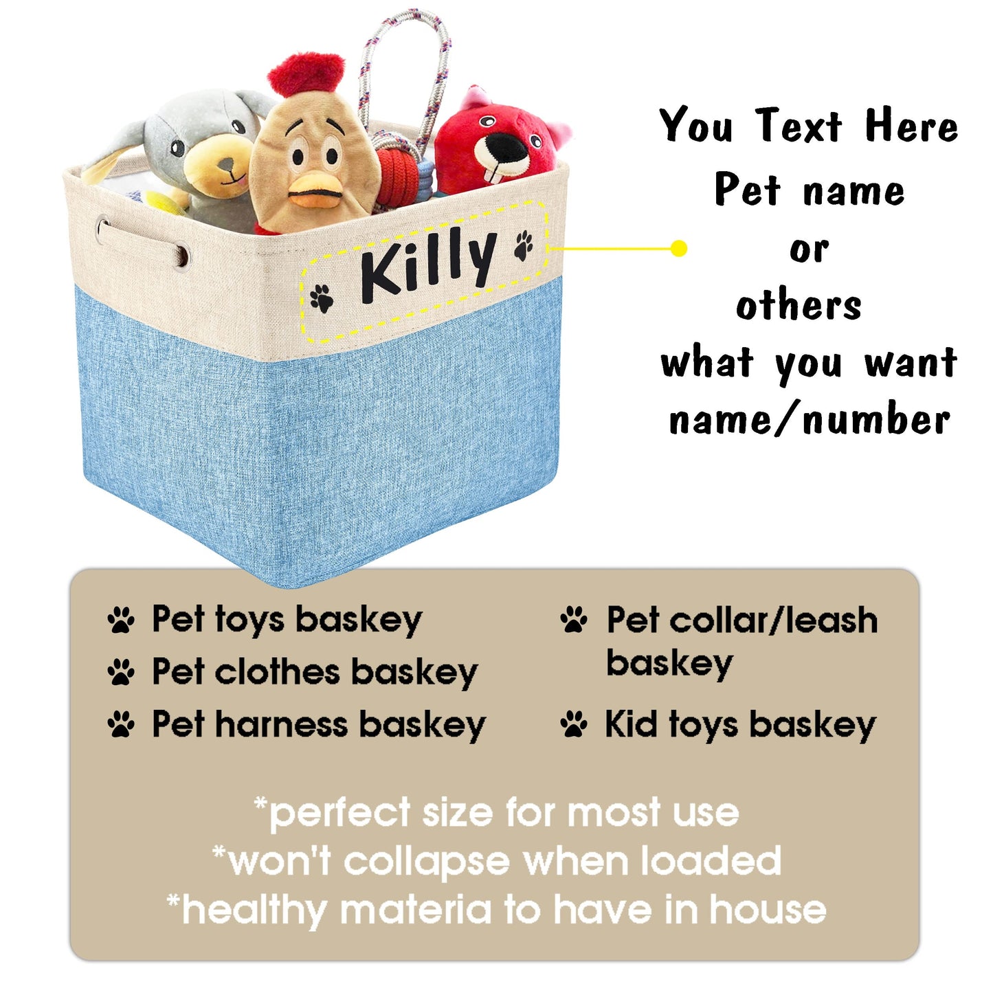 PET ARTIST Collapsible Dog Toy Storage Basket Bin with Personalized Pet's Name - Rectangular Box Chest Organizer for Clothing, Apparel & Accessories