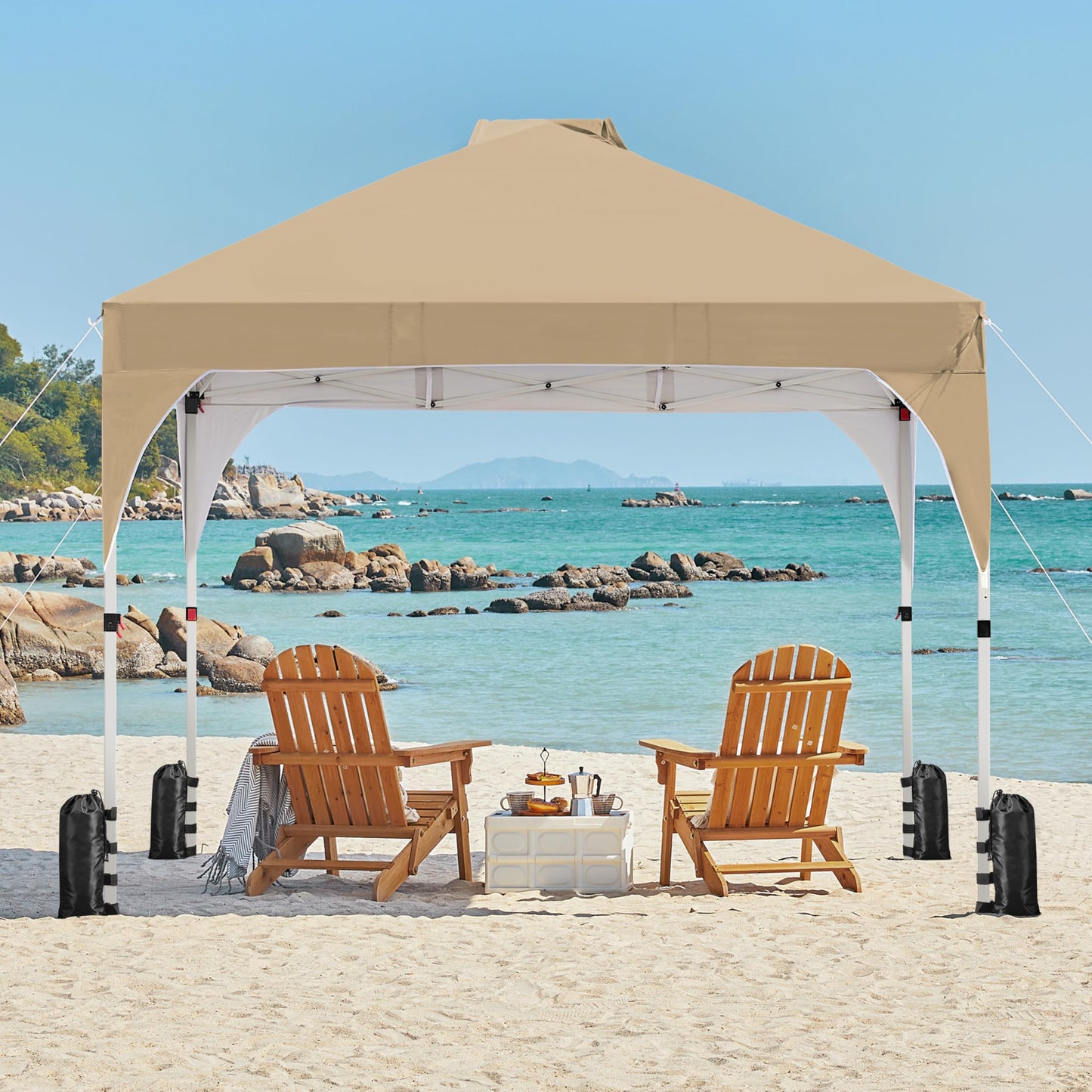 Yaheetech 10x10 Pop Up Canopy Tent with Vent, Easy Set Up Tent, Instant Sun Shelter Canopy with Wheeled Bag, 4 Sandbags, 12 Stakes & 4 Ropes, for Parties, Beach, Outdoor, White