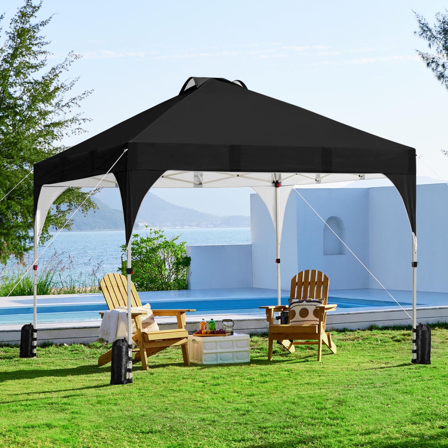 Yaheetech 10x10 Pop Up Canopy Tent with Vent, Easy Set Up Tent, Instant Sun Shelter Canopy with Wheeled Bag, 4 Sandbags, 12 Stakes & 4 Ropes, for Parties, Beach, Outdoor, White