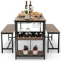 Modern Industrial 3-Piece Metal Wood Dining Set with 2 Benches and Wine Rack-0