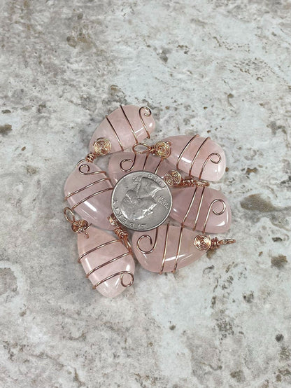 Rose Quartz, Rose Gold Wired Trapezoid, 16x29mm Pendant