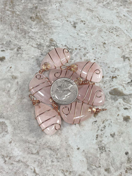Rose Quartz, Rose Gold Wired Trapezoid, 16x29mm Pendant