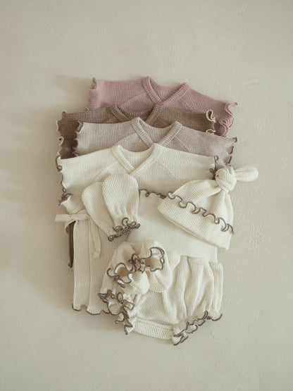 Summer Baby Kids Unisex Waffle Grid Short Sleeves Casual Monk Style Top T-Shirt And Bloomers And Hat Clothing Set-3