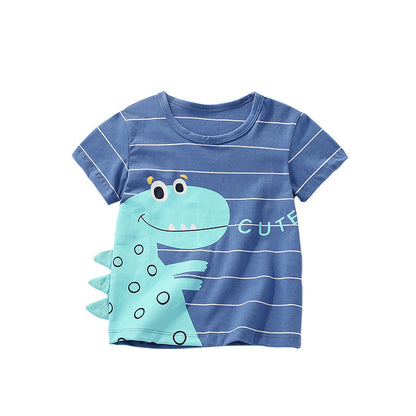 Boys’ Cute Dinosaur Cartoon Pattern Striped Short Sleeves T-Shirt In European And American Style For Summer-0