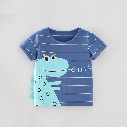 Boys’ Cute Dinosaur Cartoon Pattern Striped Short Sleeves T-Shirt In European And American Style For Summer-1