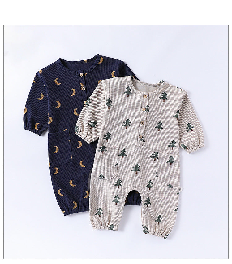 Spring Arrival Baby Unisex Long Sleeves Waffle Grid and Simple Pattern Rompers-0
